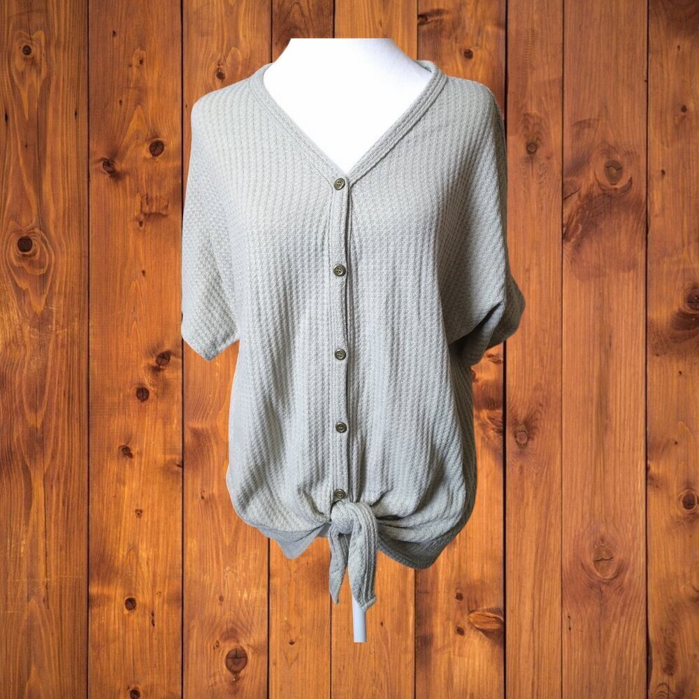 Miholl Size Large Short Sleeve Beige Waffle Knit Top Tie Waist Button Front